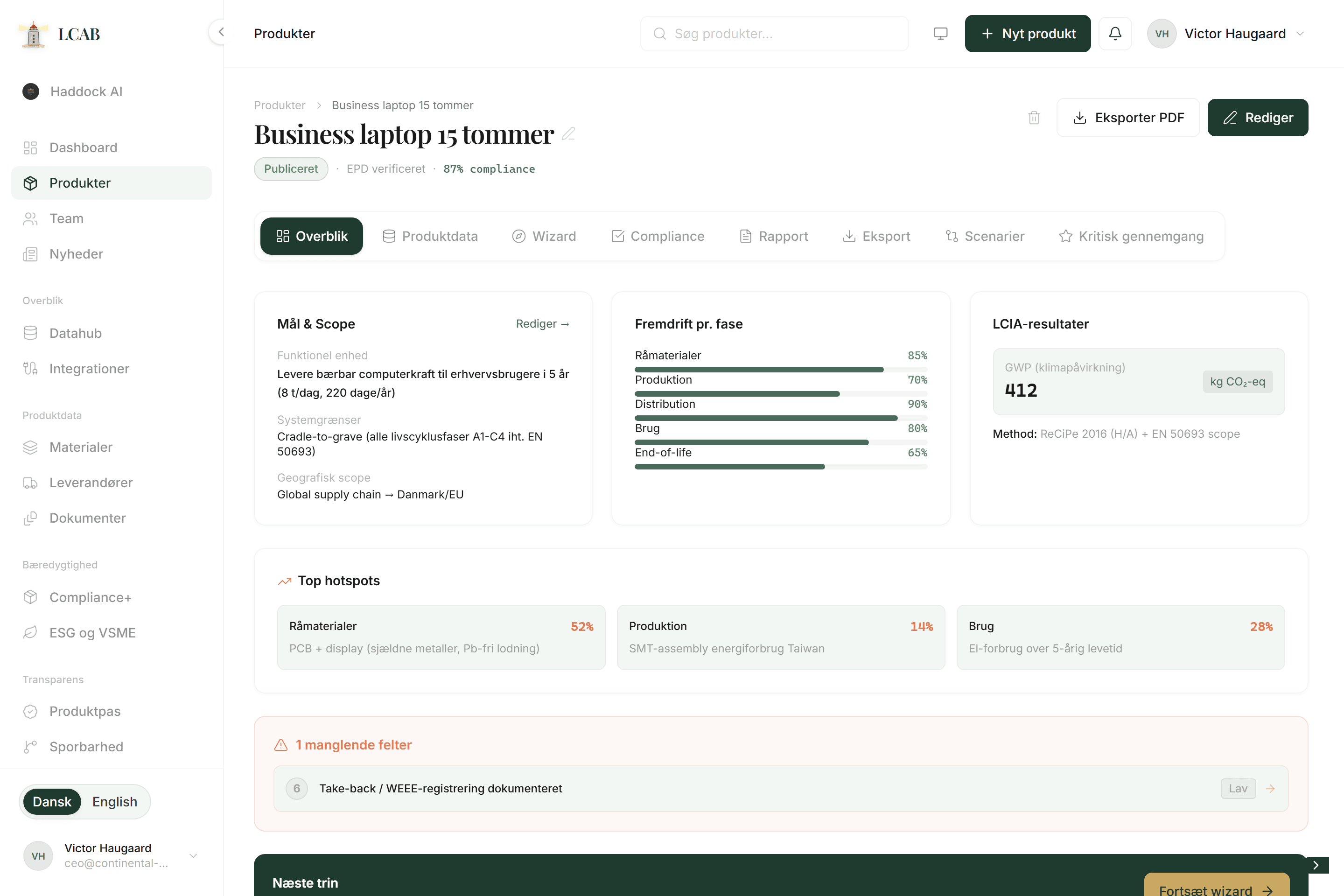 LCAB produkt-dashboard med scope, fremskridt, LCIA og hotspots for et produkt