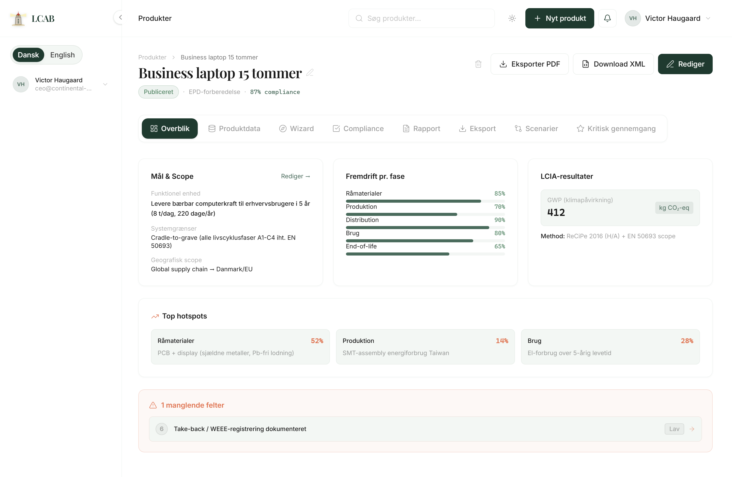 LCAB product page with scope, progress, LCIA and hotspots